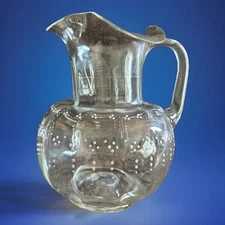 Victorian Era Handblown Glass Pitcher, Fluted Lip, Ribbed Handle, Handpainted
