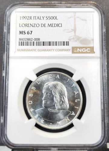 1992 ITALY SILVER 500 LIRE RENAISSANCE LORENZO DE MEDICI NGC MS 67 GEM BEAUTY