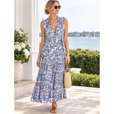 SPELL DESIGNS Etienne Blue Pink Paisley Floral Sleeveless Maxi Dress Size Medium