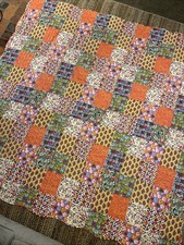85x81  Quilt Printed Squares, Orange, Pink, Green, Yellow Boho Hippie Used  