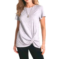 TIME and TRU Short Sleeve Knit Top Heather Gray Striped Twist Knot Waist MEDIUM 