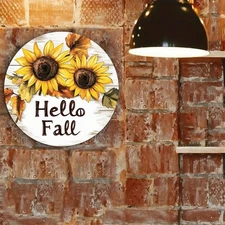 Vintage Sunflower & Autumn Leaves Round Aluminum Sign - 2D Flat Wall Decor for H