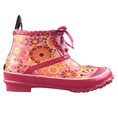 Bogs Kids Size 6 Charlot Pink Orange Floral Print Lace-Up Ankle Rain Boots