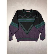 Vintage Checkpoint Mens Large Purple Black Geometric Knit Sweater Made in USA