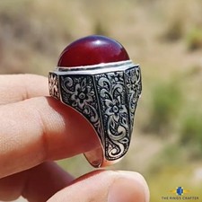 Natural Rare Red Yemeni Agate Aqeeq 925 Sterling Silver Artisan Ring Size US 9