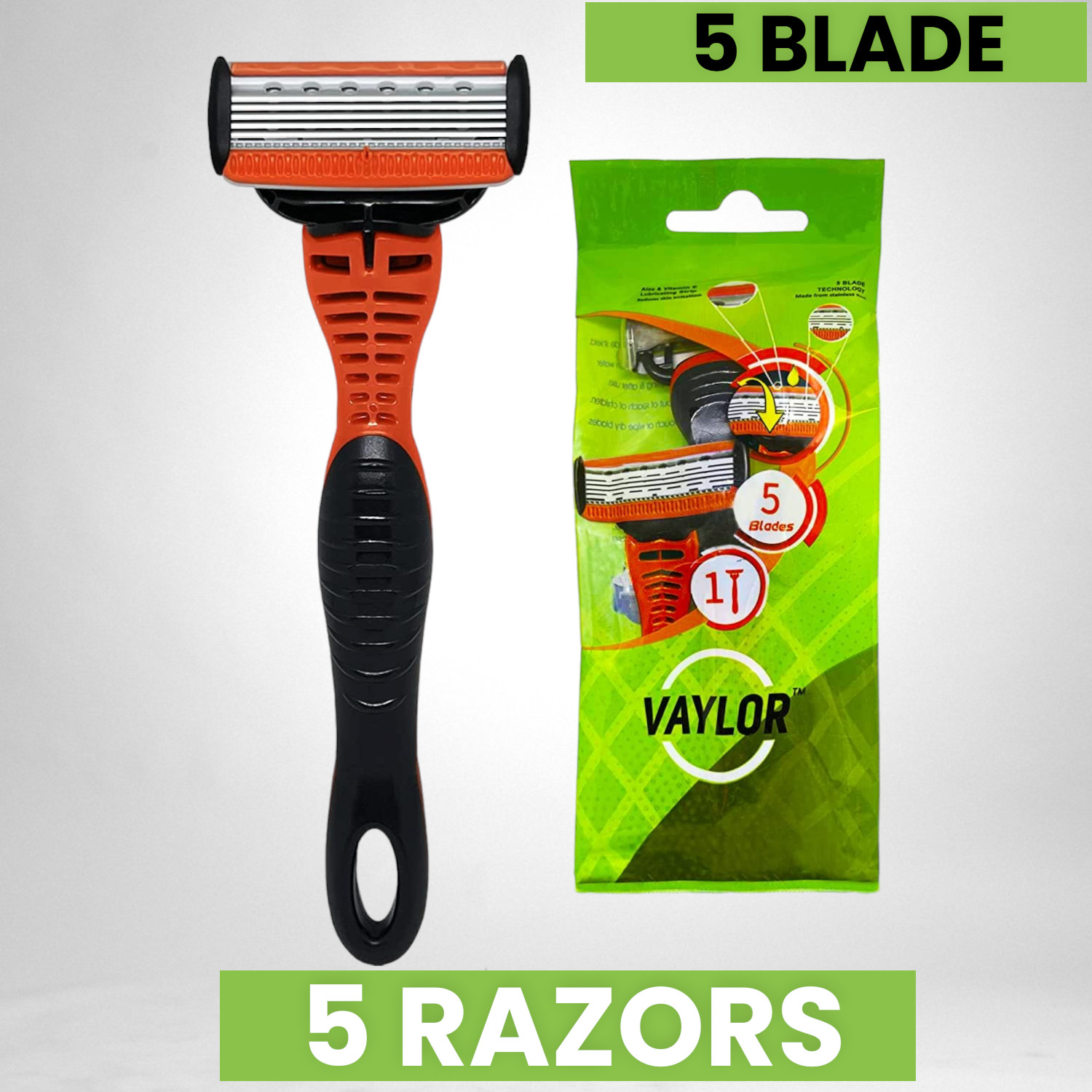 Made in USA 5-Blade Disposable Razors for Men Bulk 5-Pack Vaylor Shaving Trimmer