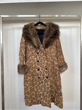 Vintage tan suede coat with an abstract animal print and real fur collar.