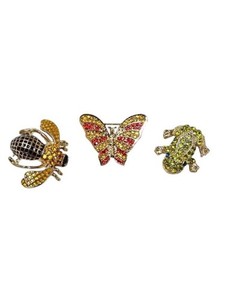 Authentic Spring Novelty Gold Plated Trio Brooch Set, Bee, Butterfly & Frog NWOT