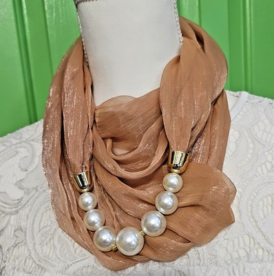Jeweled Infinity Scarf Necklace Champagne Sheer Gold Faux Pearl Beads