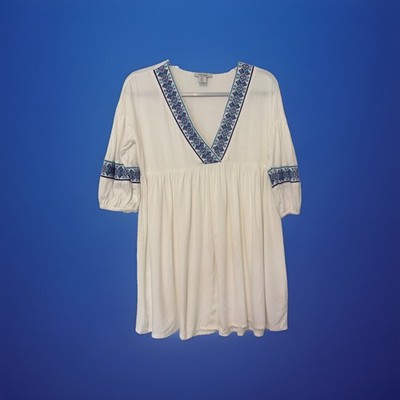 Haute Hippie Boho/Peasant Dress/Tunic/V Neck/White W/Mixed Blue Trim Sz Small