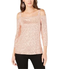 I.N.C Womens Sequined Cold Shoulder Blouse