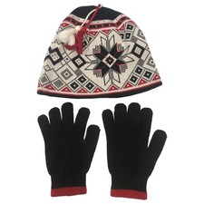 Womens Black Red Snowflake Print Beanie Stocking Cap Hat Gloves Set