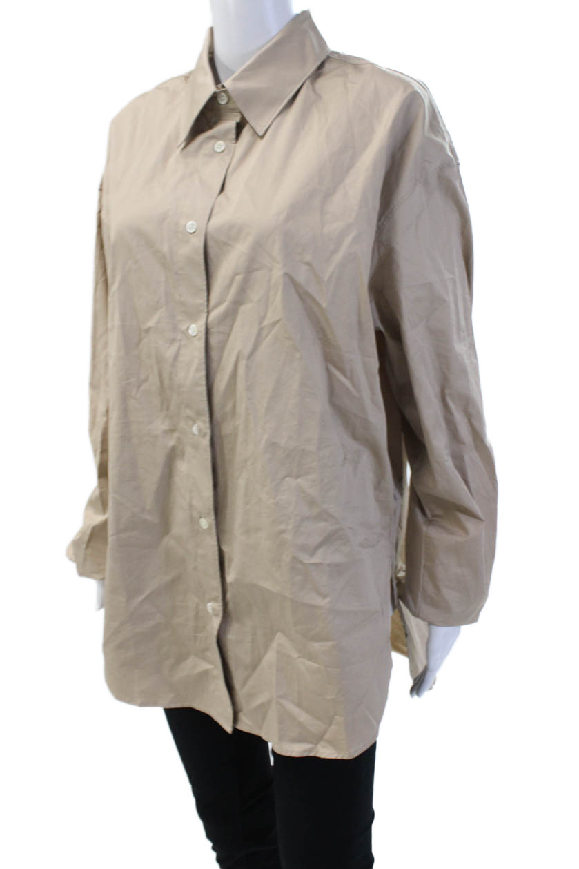 Sold Out Women Basic Button-Up Collared Beige Cot… - image 2