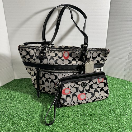 Coach Poppy klassischer C-Stil Canvas grau/schwarz mit roter Handtasche/Geldbörse mit Geldbörse SCHÖN!
