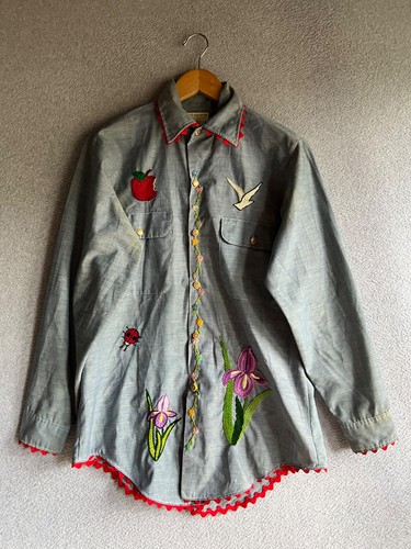 JCPenney, Vtg 70s 80s JC Penney Big Mac Shirt S Animal Art Button Up USA Flower Chambray