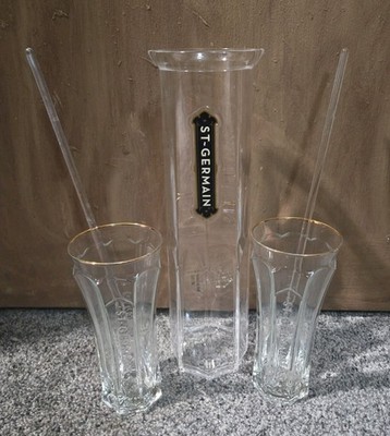 St Germain Liquor Carafe 2 highball Glasses Gold Rim And Logo Stirrers barware