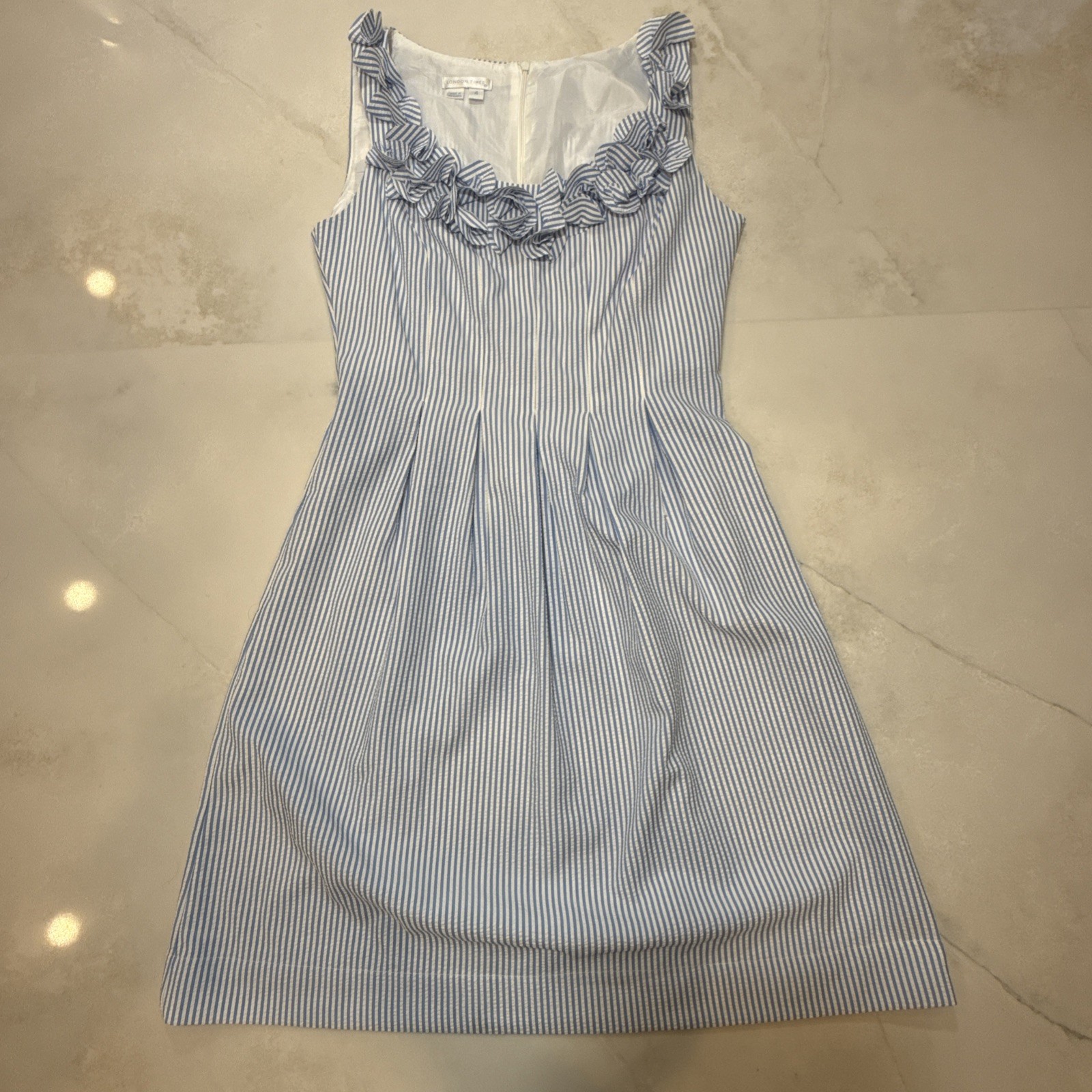 London Times Blue White Stripe Sleeveless Ruffle Neck Dress Size 4