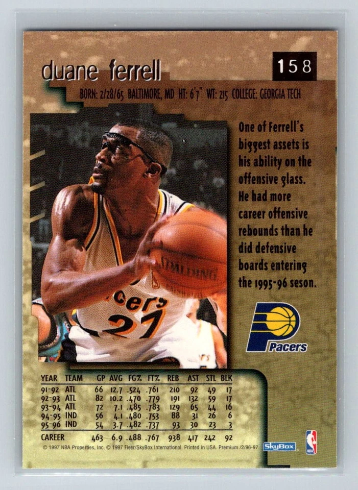 1996-97 SkyBox Premium #158 Duane Ferrell Indiana Pacers Basketball Card - Image 2 of 2