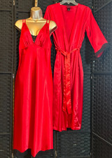 Red LIQUID SATIN PEIGNOIR Set Small 4 / 6 ROBE  GOWN Black Lace Midi Vixen Vamp