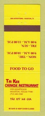 Matchbook Cover - Tai Kee Chinese Restaurant Houston TX