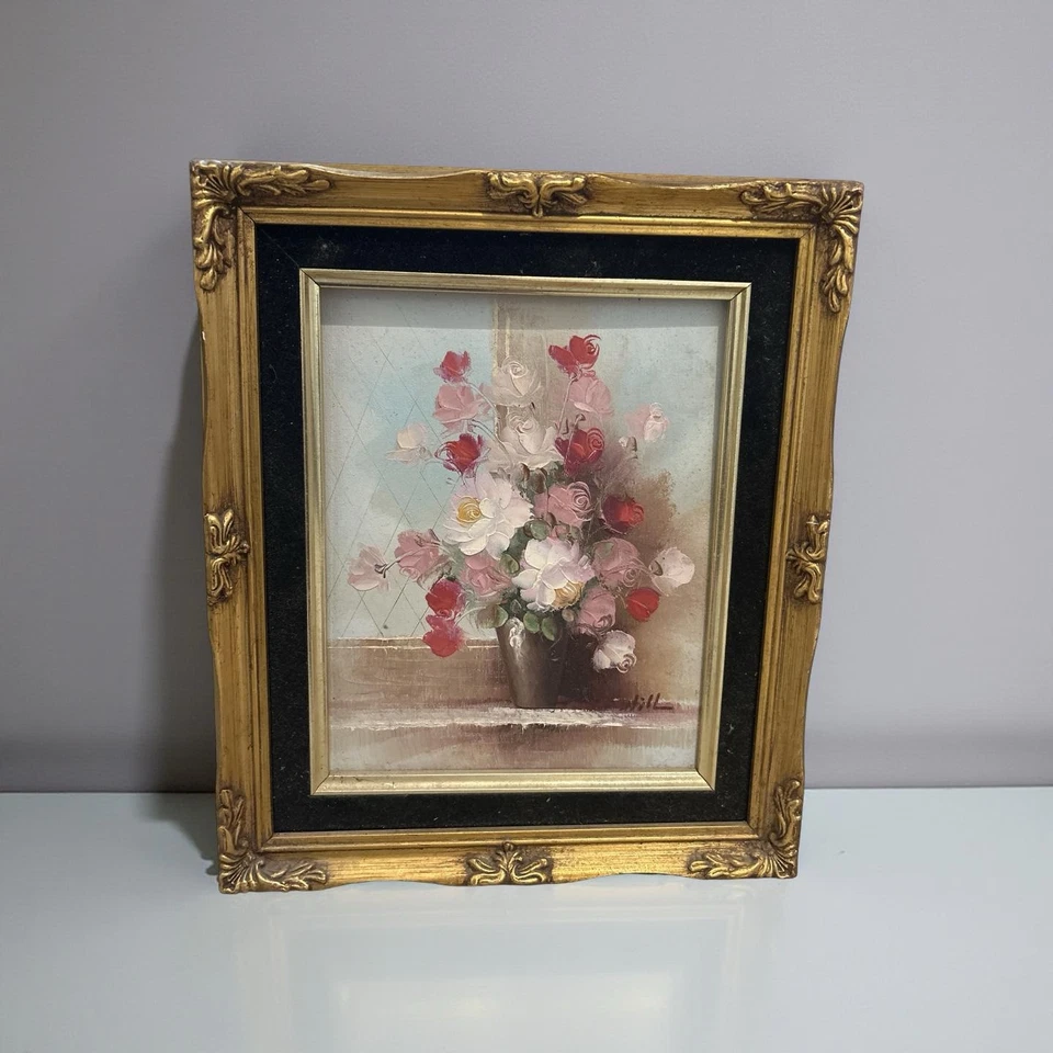 Pintura al óleo original de colección M. Hill Impasto floral bodegón marco dorado años 70 Foto 4 de 4