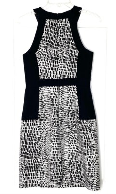TRINA TURK Black White Colorblock Dot Print Cotton Burlap Zip-Front Dress 4  = S | eBay