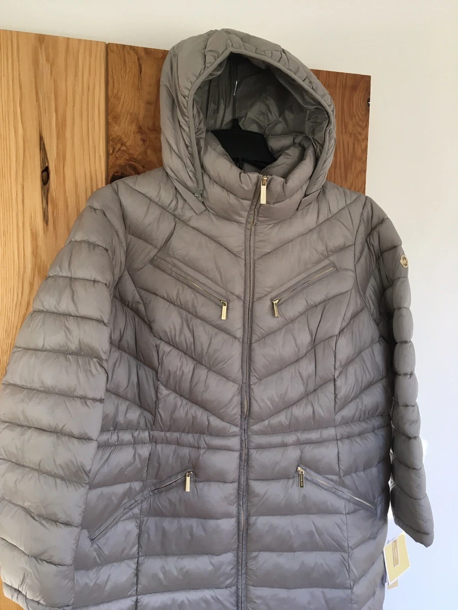 Womens Michael Kors Long Packable Coat Nickel Silver Grey Size 0X Approx Uk 18