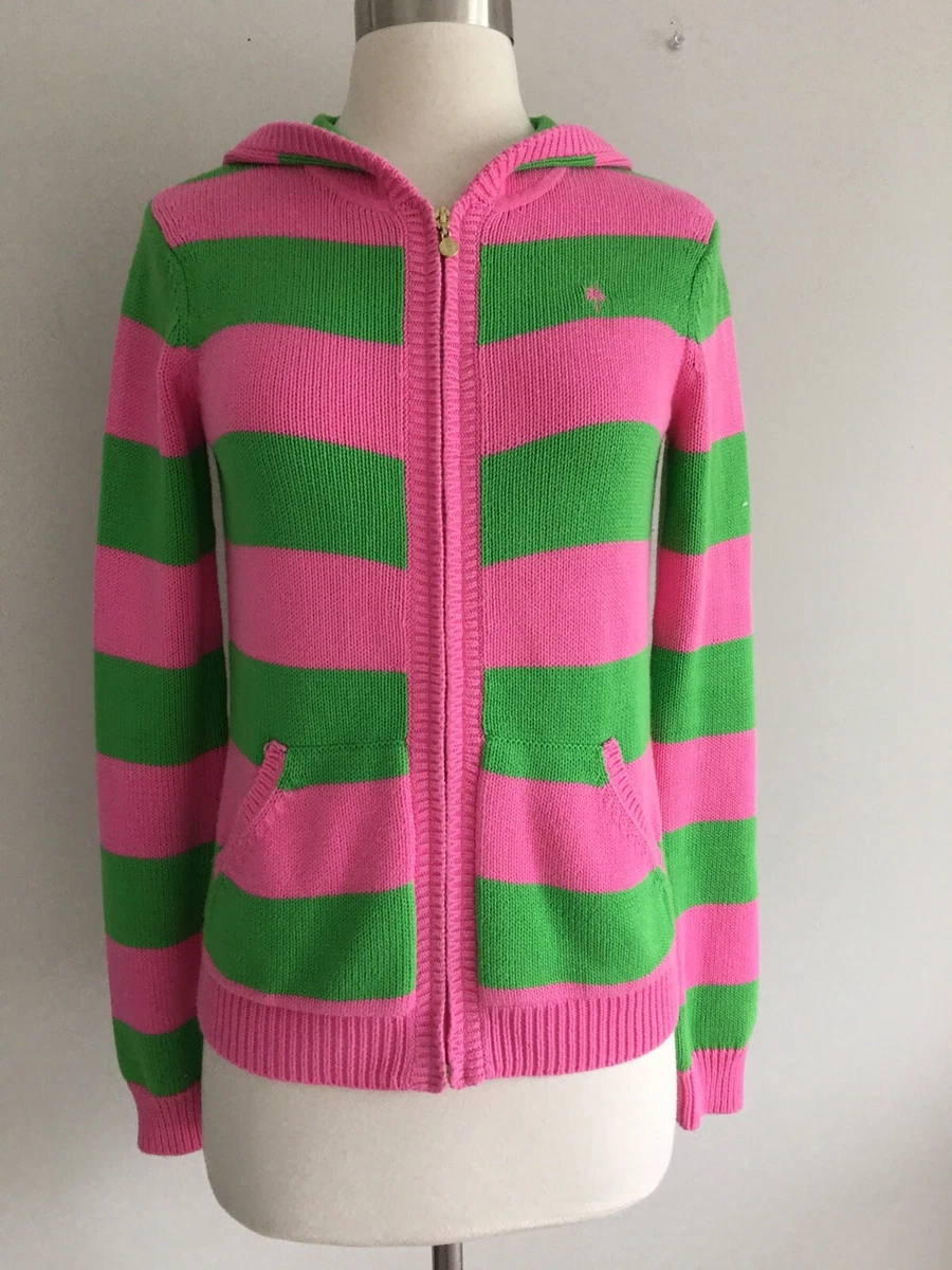 LILLY PULITZER PINK GREEN STRIPED HOODED KNIT COTTON FULL ZIP SWEATER SIZE  S | eBay