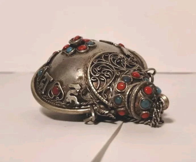 Botella de tabaco antigua china tibetana de plata y turquesa con ágata con cuchara Foto 4 de 4