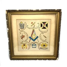 Masonic Freemason Masonic Embroidery Needlepoint Framed Large Antique 28x28 RARE