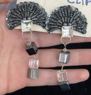DESIGNER DIANE LAUREN SIGNED BLACK RHINESTONE DROP DANGLE CLIP ON EARRINGS 3''