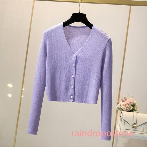 Womens Ice Silk Knit Summer Cardigan Shirt V-neck Button Short Sweater Slim Top - Bild 10 von 31