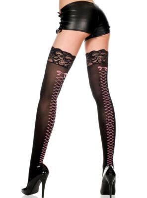 sexy MUSIC LEGS silicone THICK LACE top FAUX lacing BACK thigh HIGHS stockings
