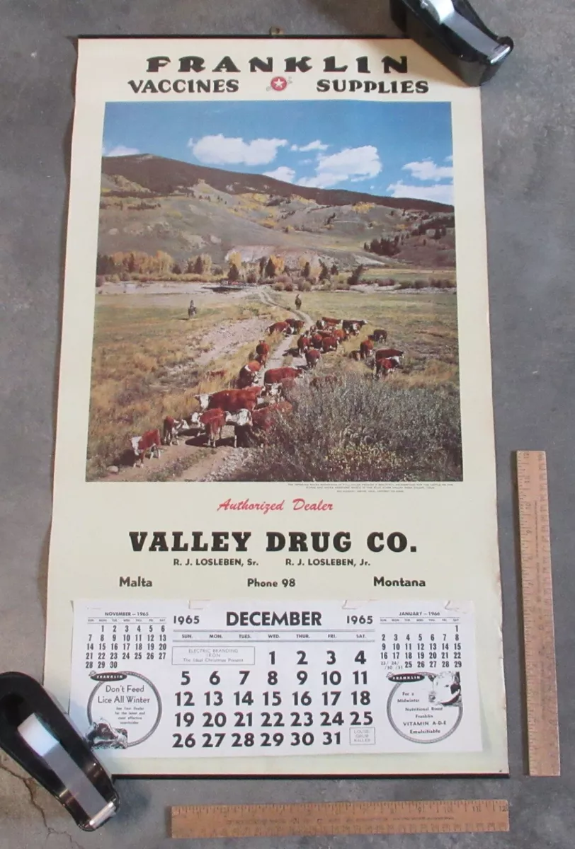 1965 wall CALENDAR - VALLEY DRUG Co, Malta, Montana - FRANKLIN VACCINES  SUPPLIES | eBay