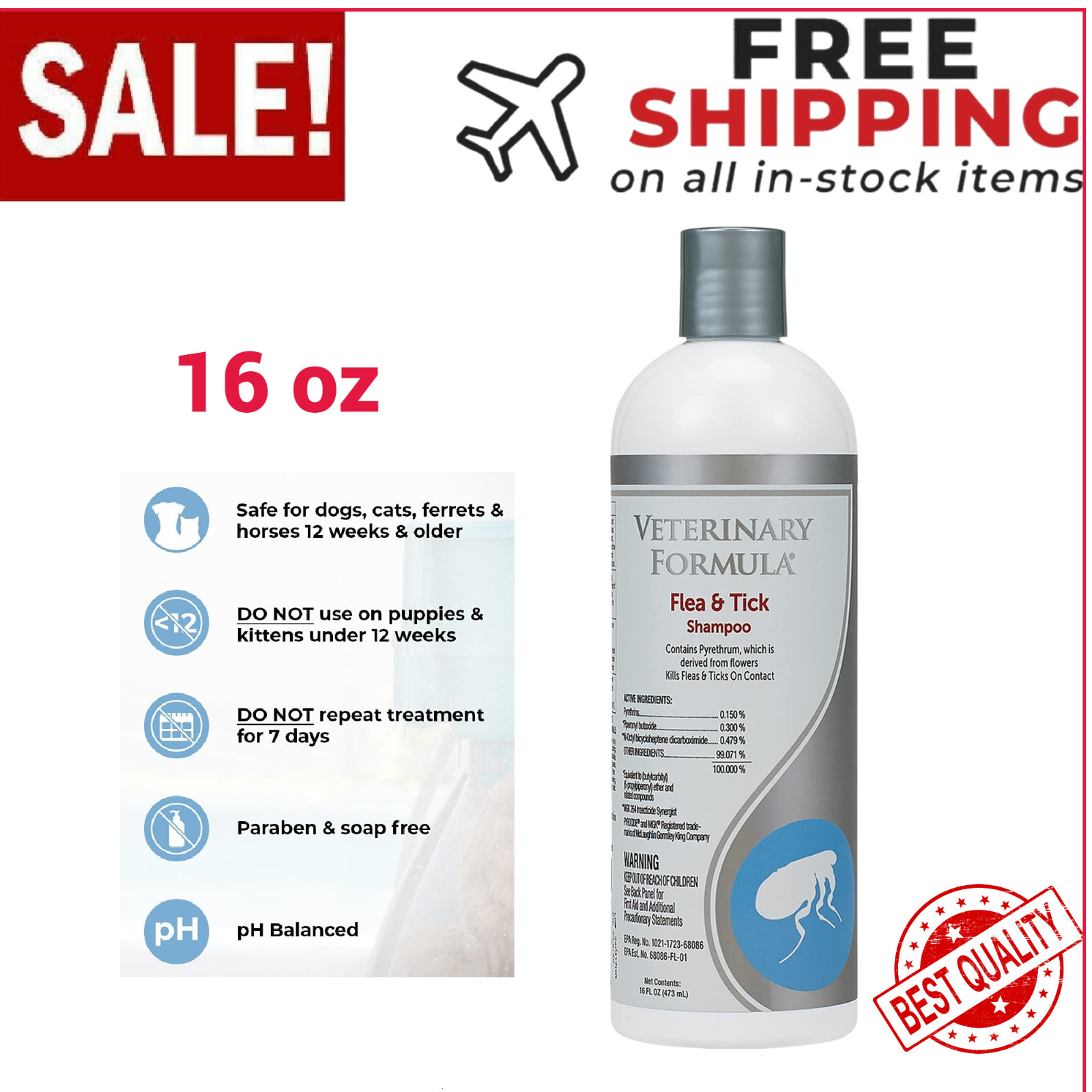 Veterinary Formula - Clinical Care Flea and Tick Shampoo for Dogs Cats, 16 oz