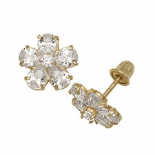 Baby Girl's White Sapphire Created Diamond Flower Stud Earrings 14K Yellow Gold