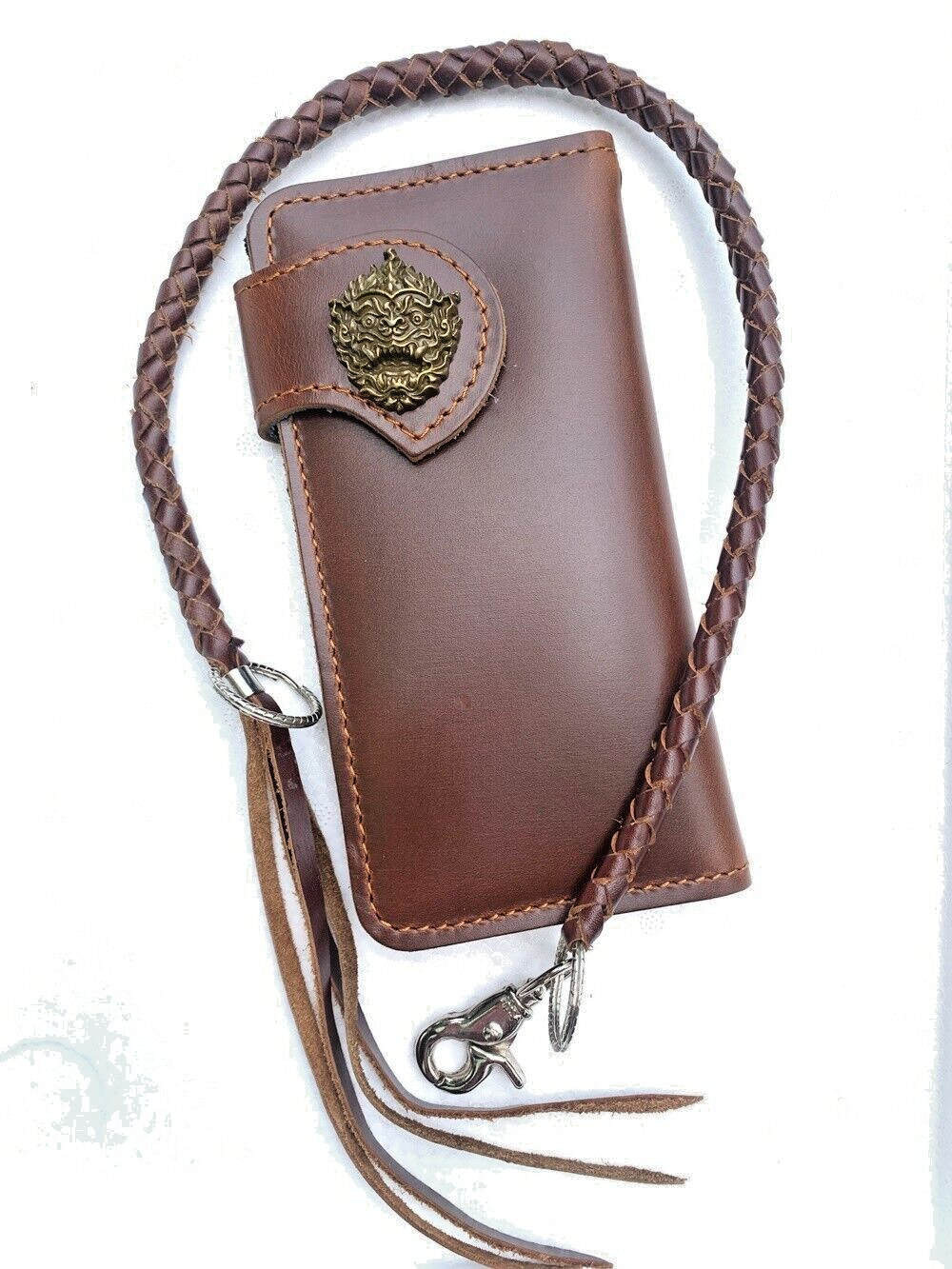 Biker Men Brown Leather Long Wallet Chain Motorcycle Trucker Gift Bifold-image