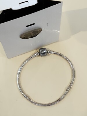 Authentic Pandora Bracelet Silver CZ Barrel Clasp Snake Chain 7.5