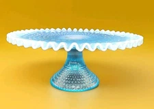 VTG Fenton Cake Stand Aqua Blue Opalescent Hobnail Pedestal Plate Ruffle 12" 