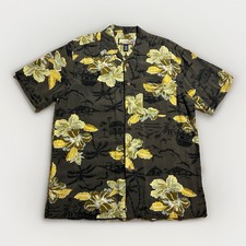 Vintage Rayon Hawaiian Shirt Camp Collar Floral Aloha Black Gold M