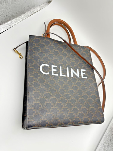 Authentic Celine Small Triomphe Canvas Vertical Cabas Tote Tan Leather Crossbody