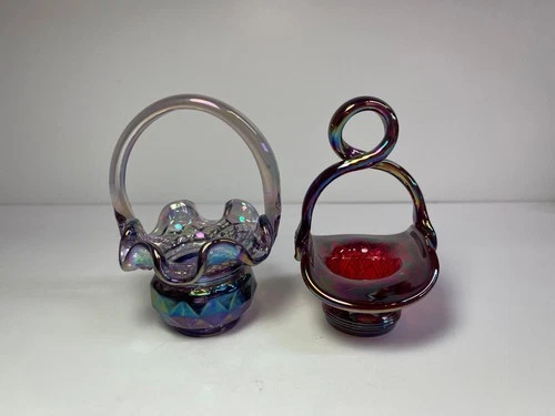 Fenton Art Glass  ~ 2 Small (Miniature) Lavender-Purple Iridescent Baskets