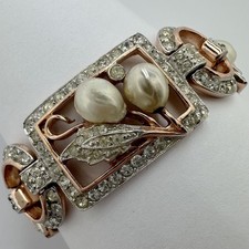 VINTAGE CORO ROSE GODL PLATE CRYSTAL RHINESTONE BAROQUE PEARL FLOWER BRACELET