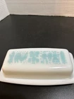 VTG Pyrex Amish Butter Dish +Lid 7" Rooster Farm White Milk Glass Turquoise Blue