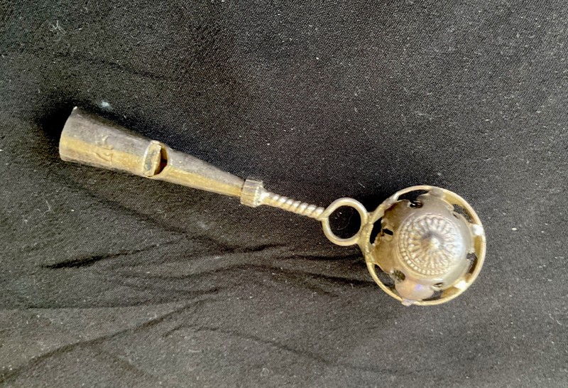 Vintage Sterling Silver Baby Rattle With Bell And Whistle. 13.9 Gr
