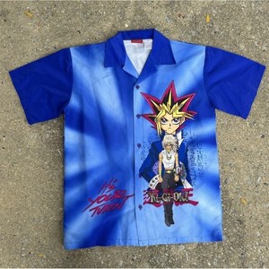 YuGiOh 1996 RARE Vintage Anime Print Button Up Shirt Blue Black size Large Y2K