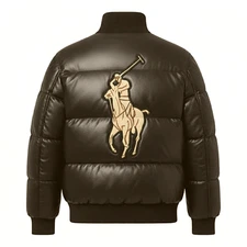 Mens Puffer Bomber Jacket Rib Collar: Genuine Sheepskin Leather, Black | Polo RL