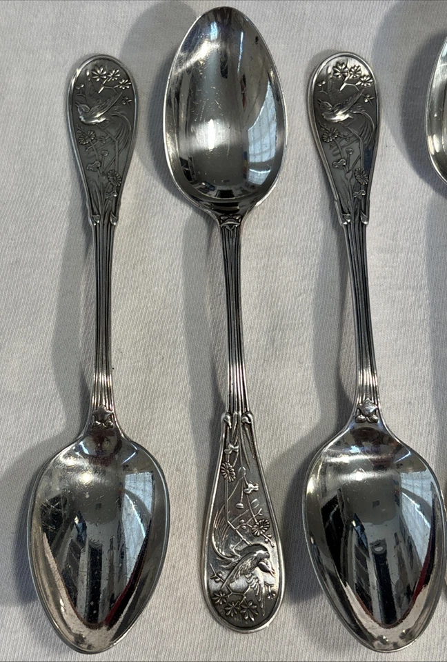"Lote de cubiertos de plata esterlina Audubon Tiffany Co 4 cucharaditas 6"" pájaro antiguo 124 g" Foto 4 de 4