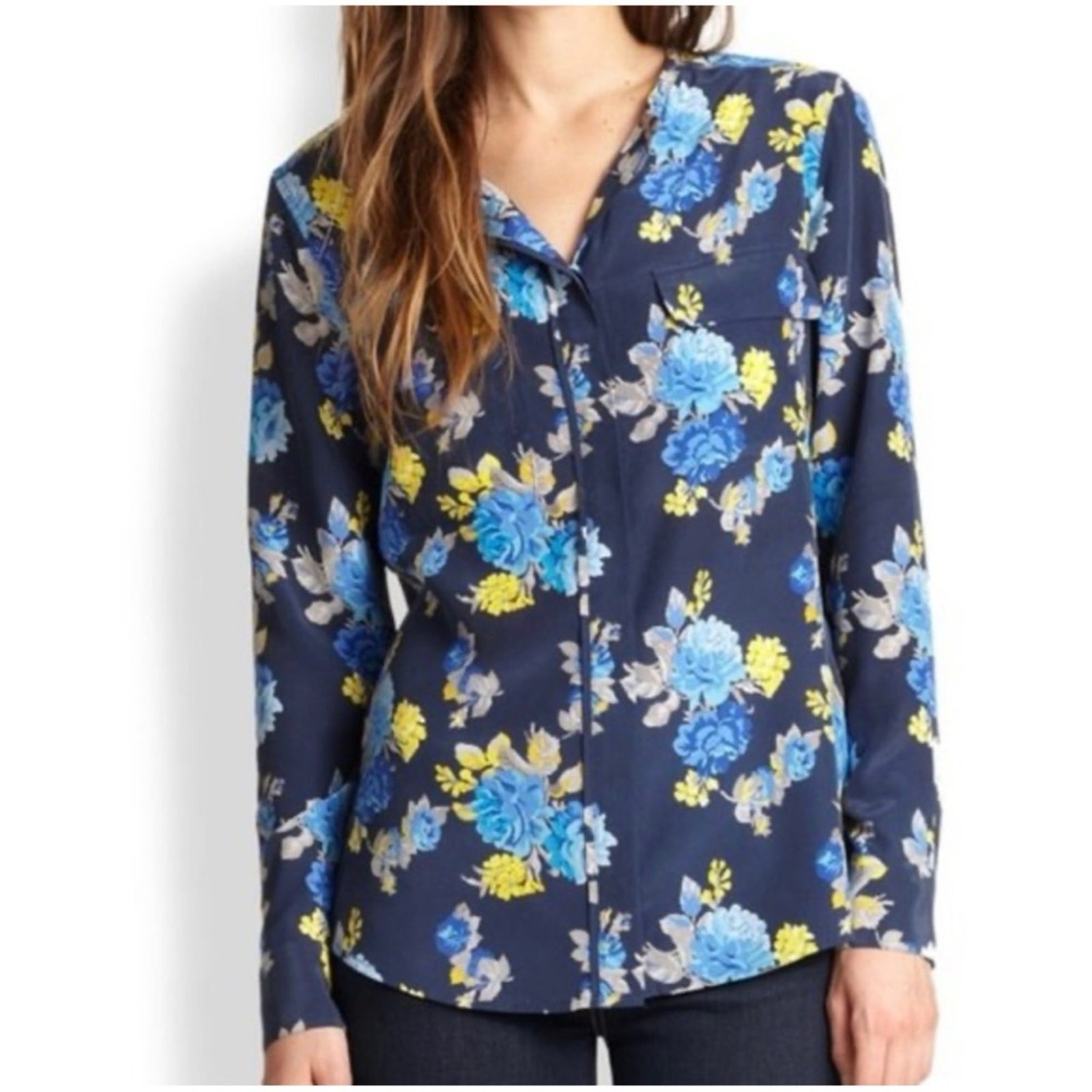 Women&rsquo;s Sz S Blue Floral Silk Blouse Lynn Button Front Shi