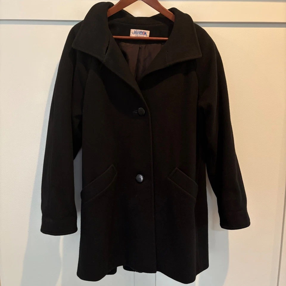 Jaqueta de balanço vintage anos 80 JG gancho 100% lã feminina grande preta pescoço funil EUA - Imagem 2 de 4